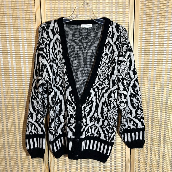 Jamie Scott Vintage 1990s Y2K Black White William Morris Pattern Cardigan Small - Picture 1 of 16